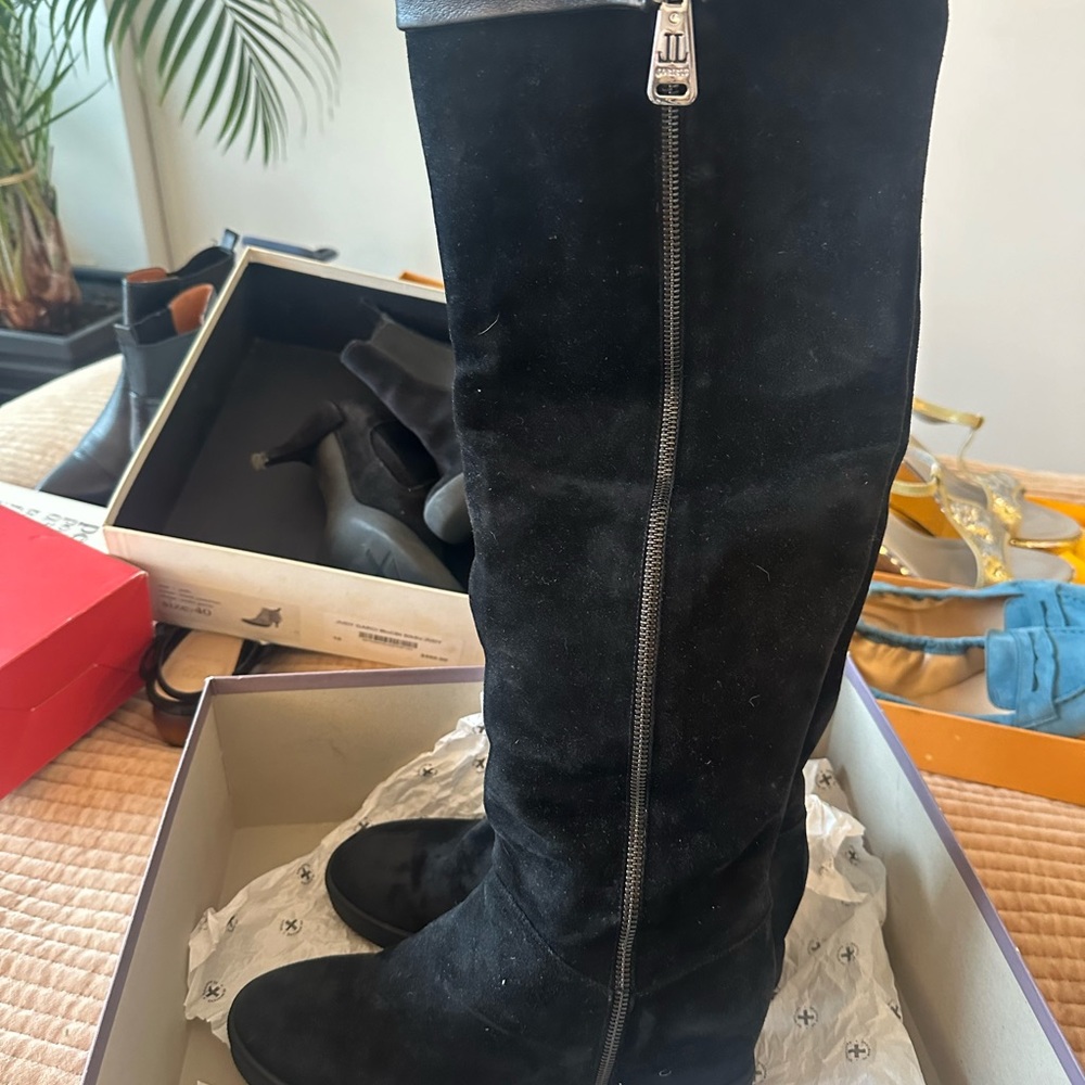 Black Over the Knee Boots with Rounded Toe and Silver Zipper